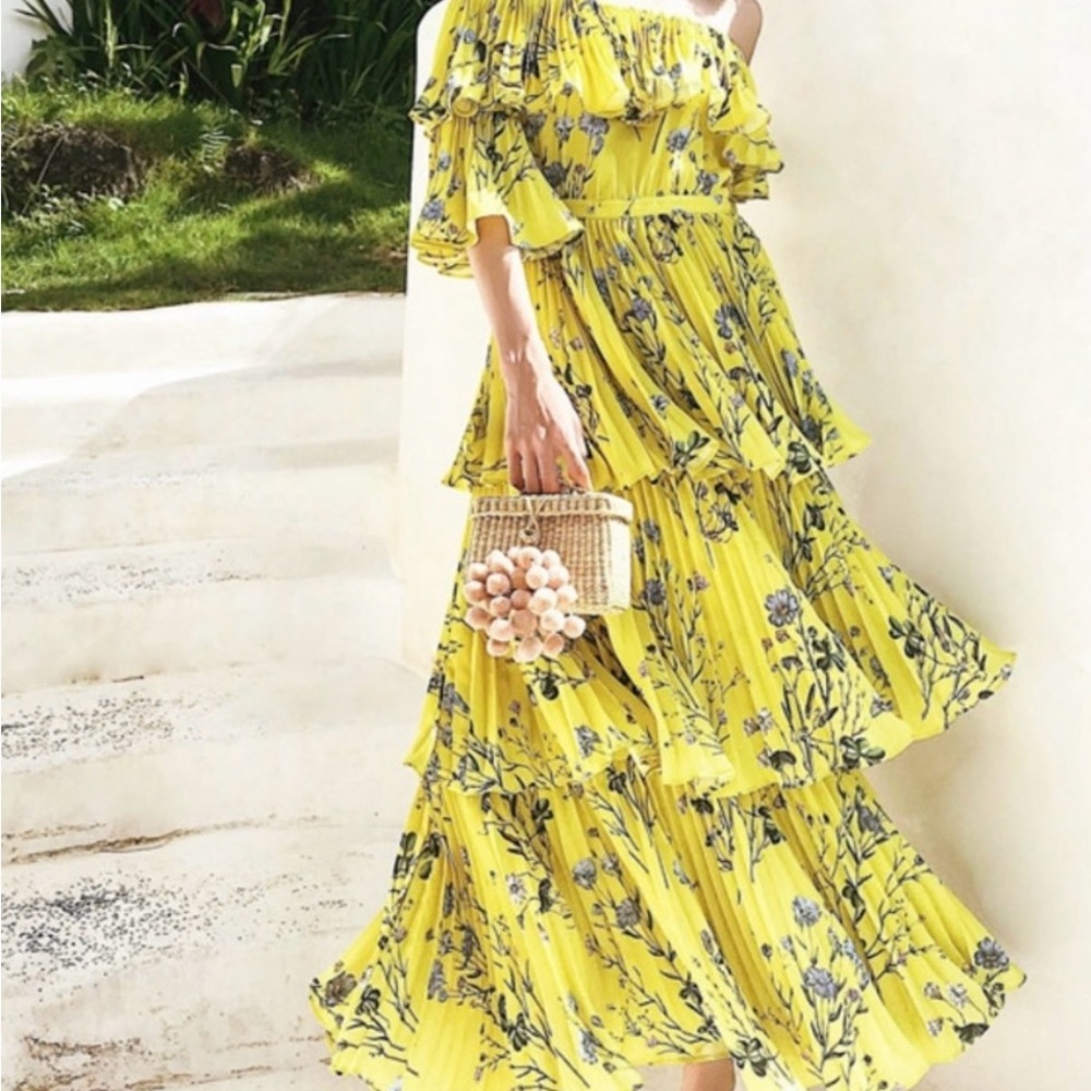 Aqua Tiered Ruffle Yellow Floral Maxi Dress